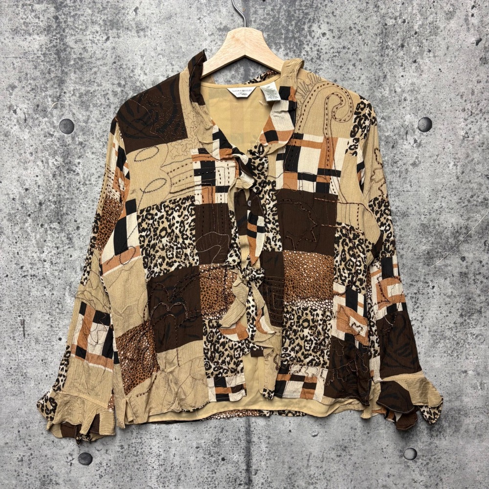 Laura Ashley Petite Silk Patchwork Leopard Print Ruffle Blouse Brown Tan 10P